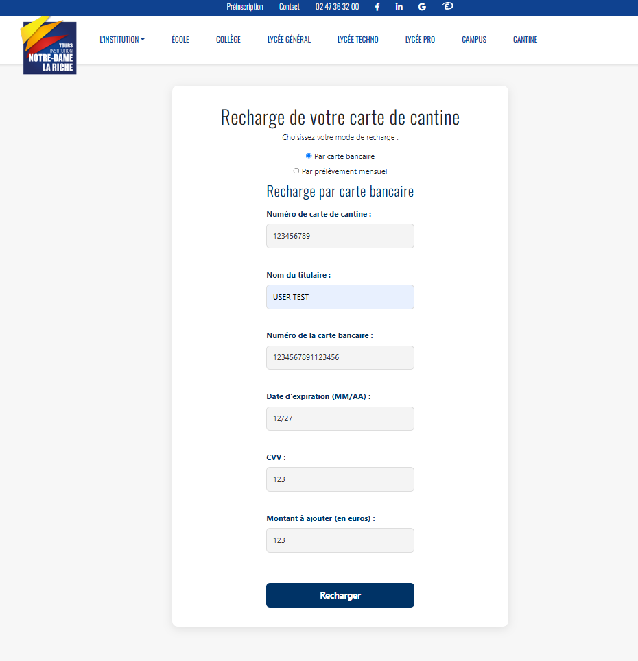 Capture d'écran du site de phishing